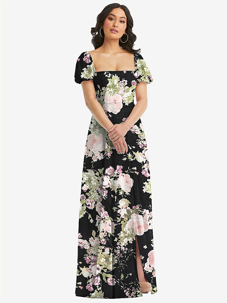 【STYLE: 1567】Puff Sleeve Chiffon Maxi Dress with Front Slit【COLOR: Noir Garden】