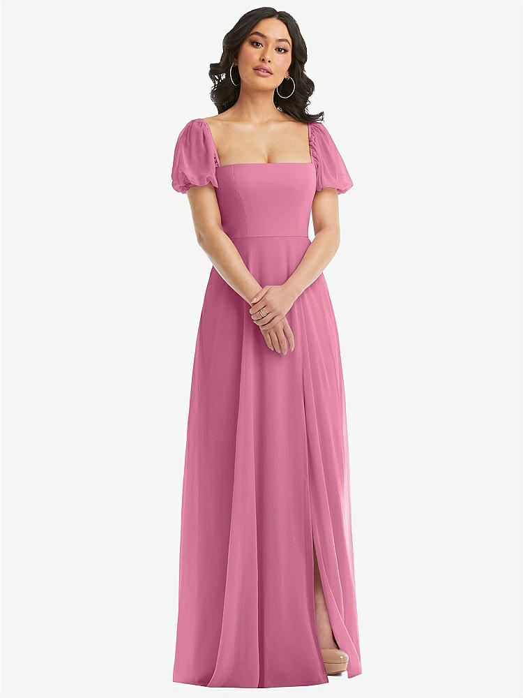 【STYLE: 1567】Puff Sleeve Chiffon Maxi Dress with Front Slit【COLOR: Orchid Pink】
