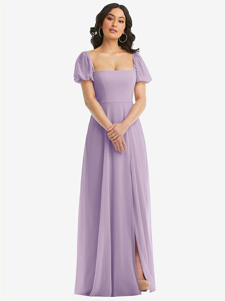 【NEW】【STYLE: 1567】パフ スリーブ シフォン マキシ ドレス 前面 スリット【COLOR: Pale Purple】【SIZE: 00-30W】