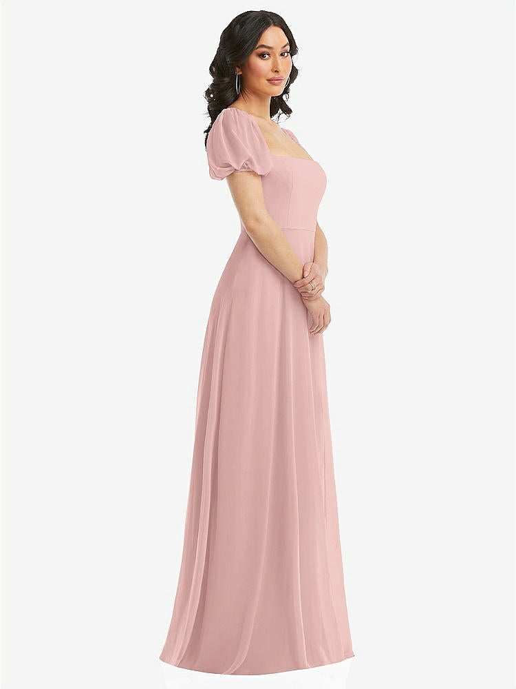 【STYLE: 1567】Puff Sleeve Chiffon Maxi Dress with Front Slit【COLOR: Rose - PANTONE Rose Quartz】