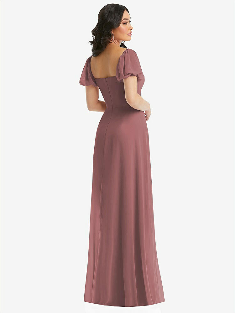 【STYLE: 1567】Puff Sleeve Chiffon Maxi Dress with Front Slit【COLOR: Rosewood】