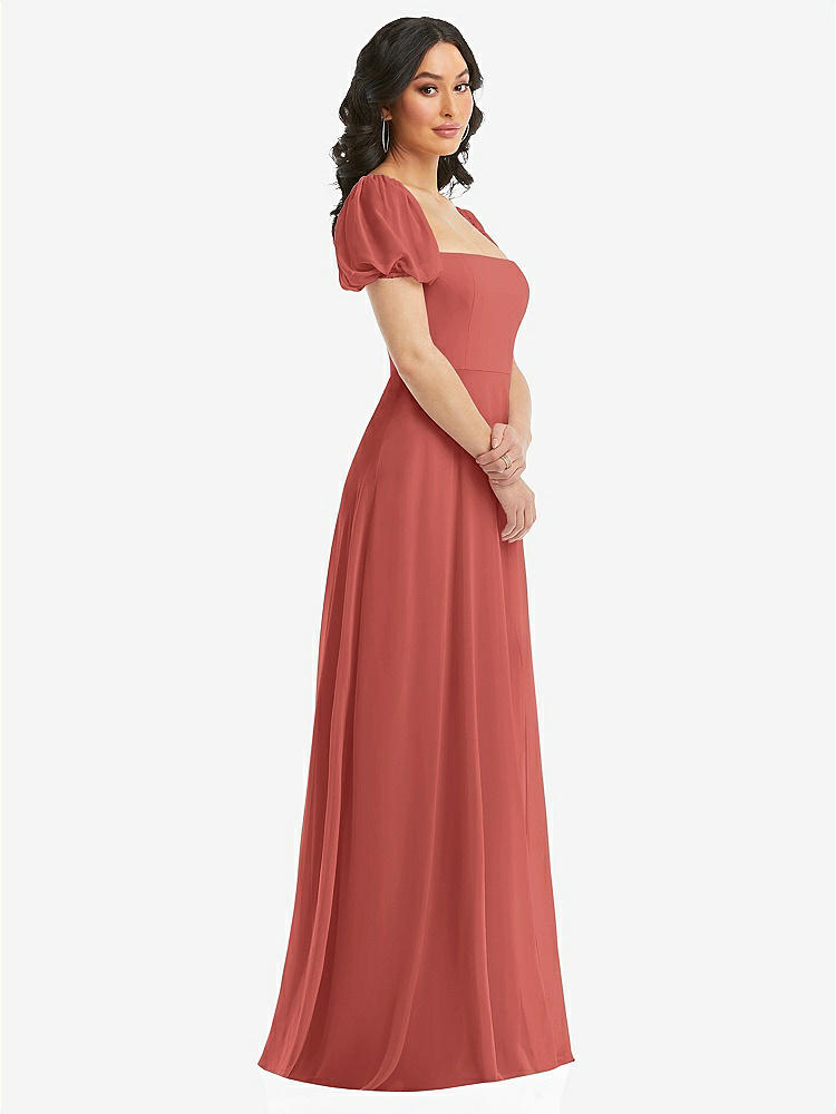 【STYLE: 1567】Puff Sleeve Chiffon Maxi Dress with Front Slit【COLOR: Coral Pink】