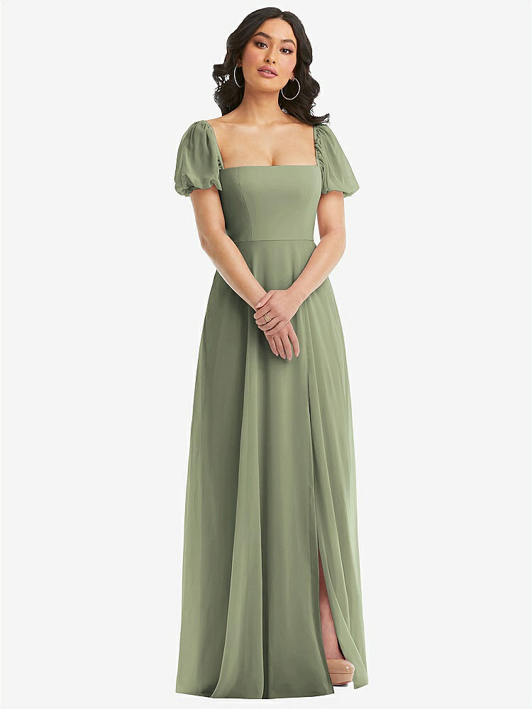 【STYLE: 1567】Puff Sleeve Chiffon Maxi Dress with Front Slit【COLOR: Sage】