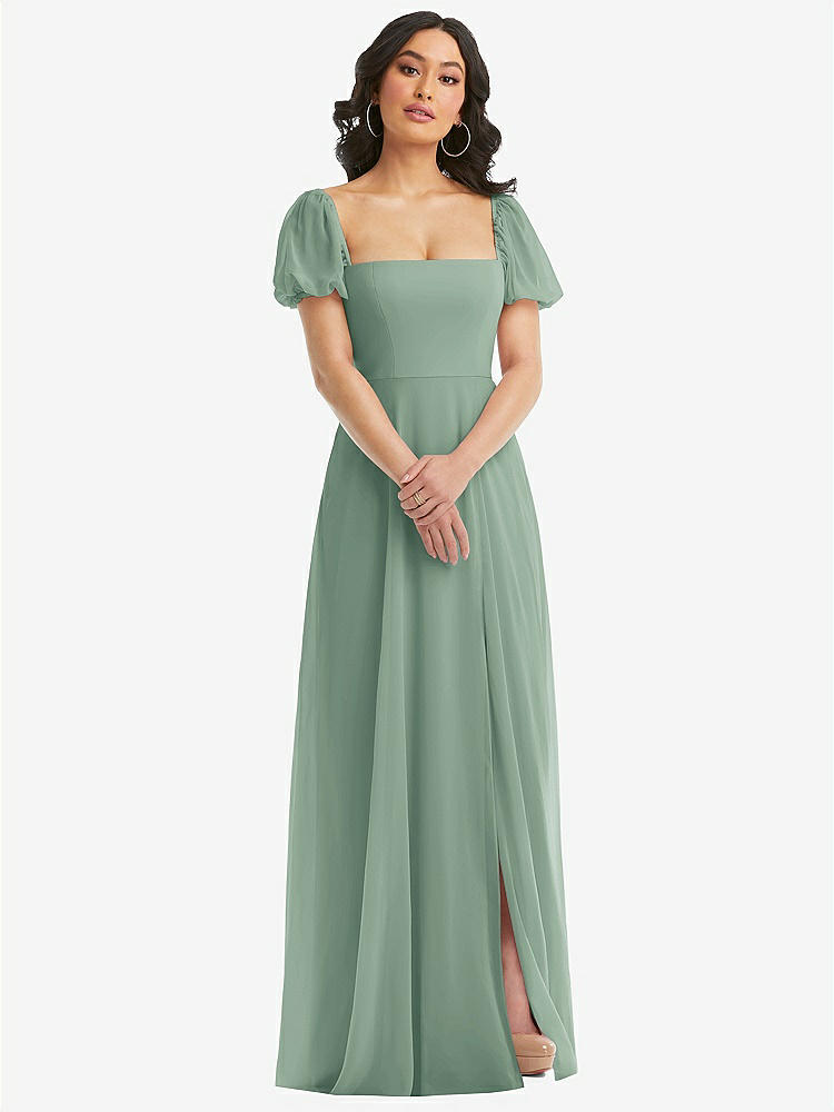【STYLE: 1567】Puff Sleeve Chiffon Maxi Dress with Front Slit【COLOR: Seagrass】