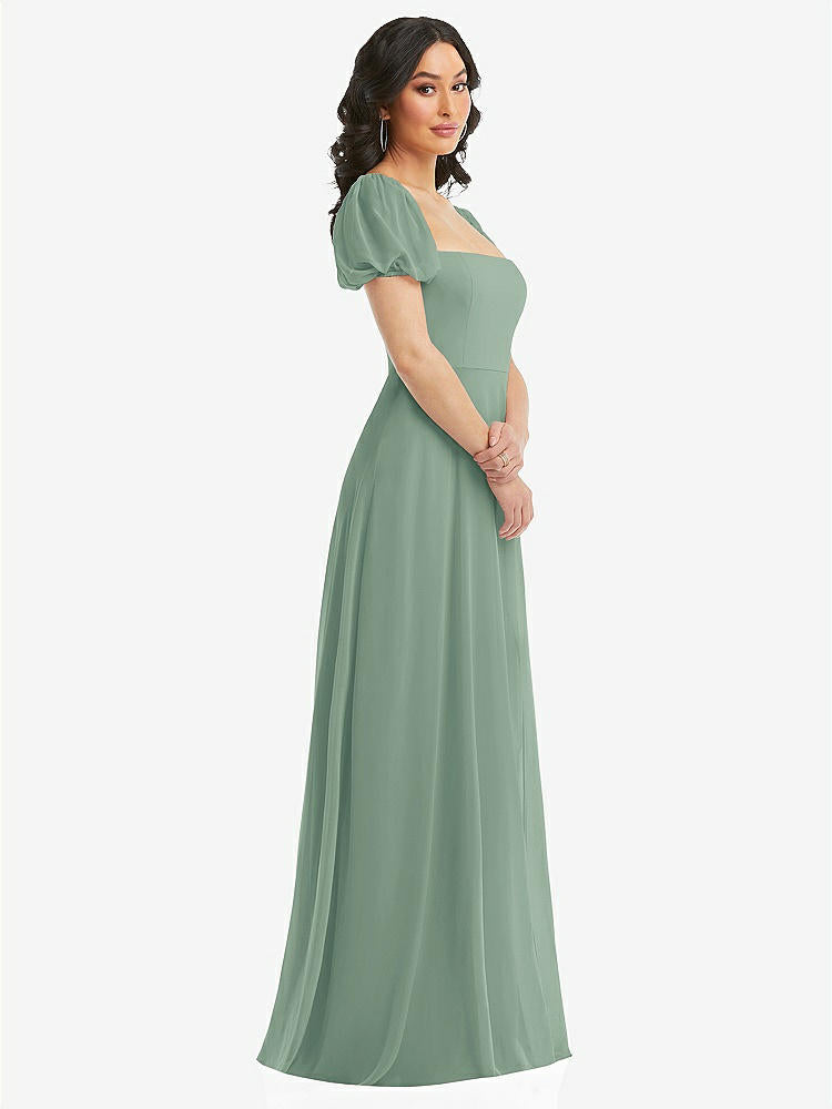 【STYLE: 1567】Puff Sleeve Chiffon Maxi Dress with Front Slit【COLOR: Seagrass】