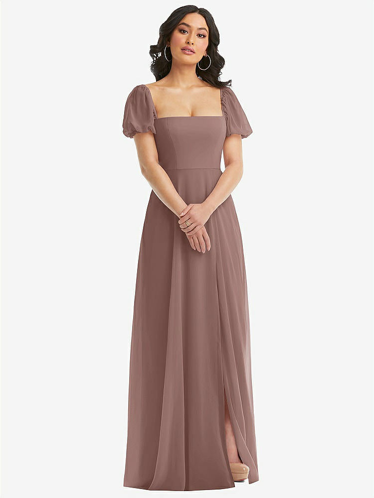 【STYLE: 1567】Puff Sleeve Chiffon Maxi Dress with Front Slit【COLOR: Sienna】