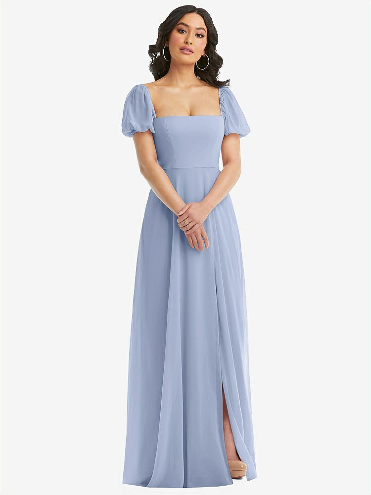 【NEW】【STYLE: 1567】パフ スリーブ シフォン マキシ ドレス 前面 スリット【COLOR: Sky Blue】【SIZE: 00-30W】