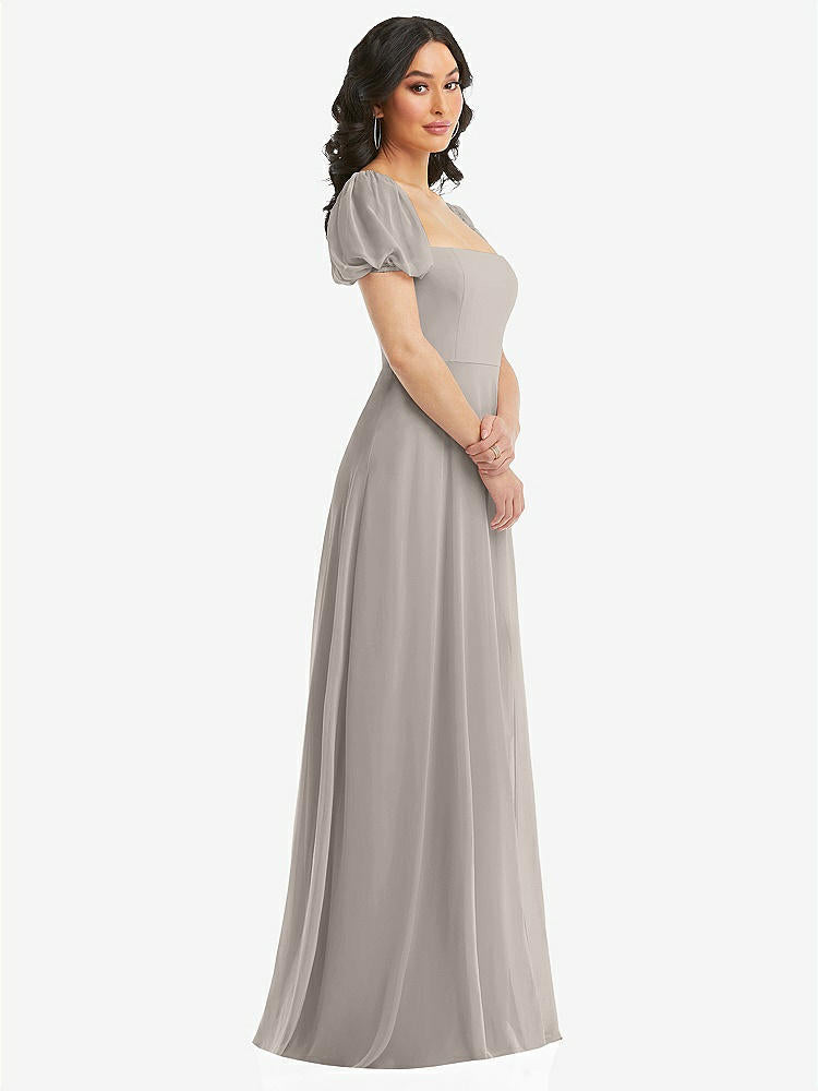 【STYLE: 1567】Puff Sleeve Chiffon Maxi Dress with Front Slit【COLOR: Taupe】