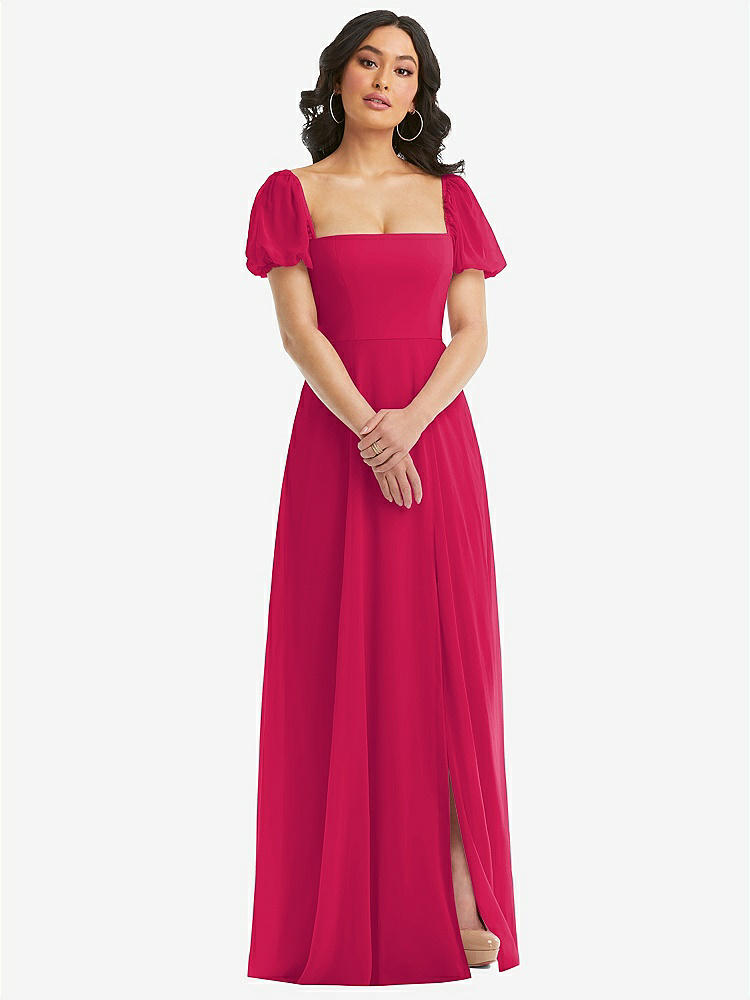 【STYLE: 1567】Puff Sleeve Chiffon Maxi Dress with Front Slit【COLOR: Vivid Pink】