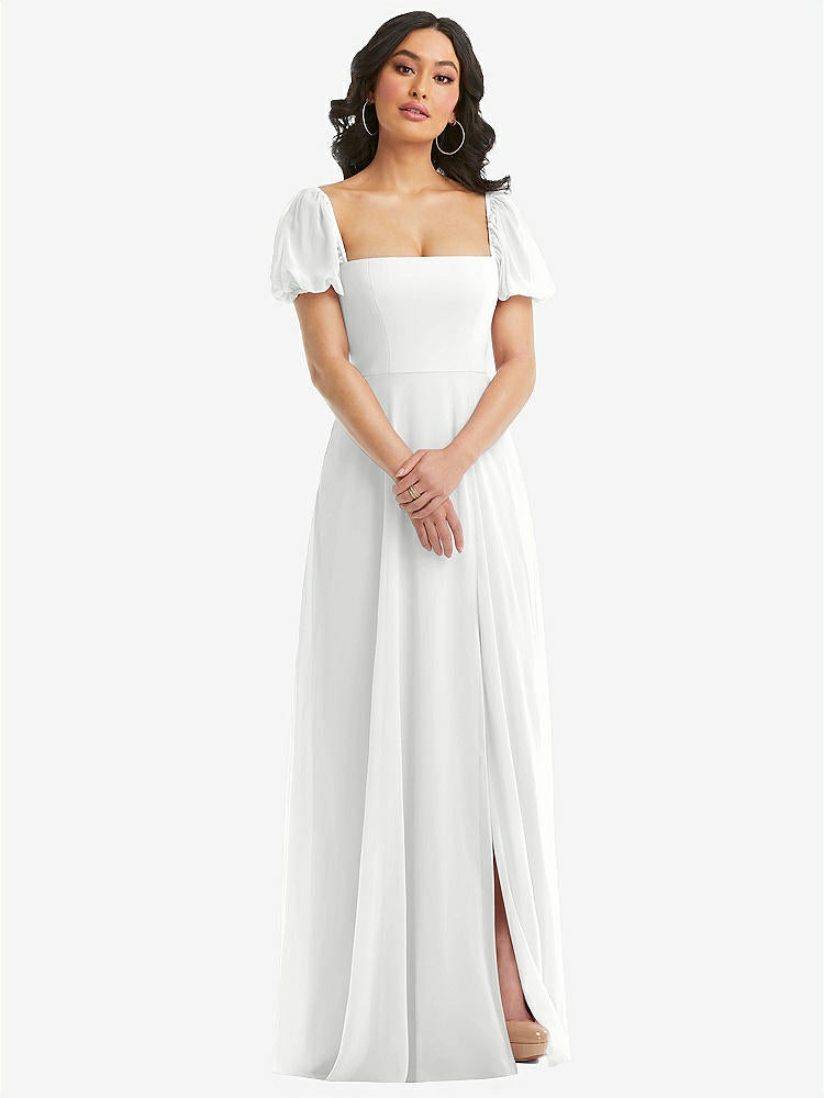 【STYLE: 1567】Puff Sleeve Chiffon Maxi Dress with Front Slit【COLOR: White】
