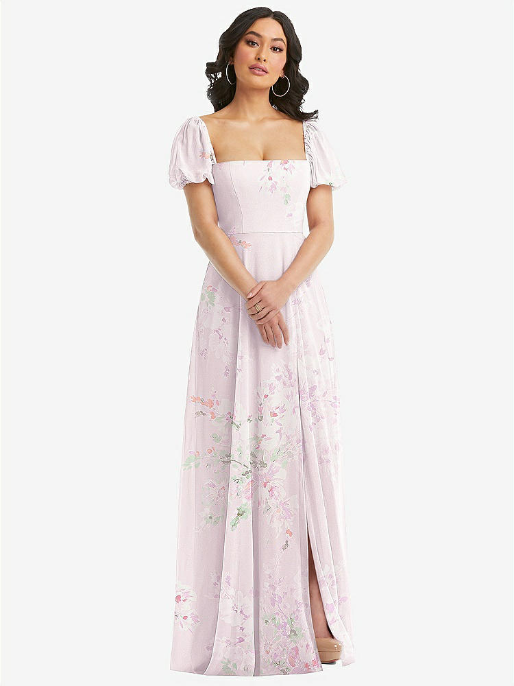 【STYLE: 1567】Puff Sleeve Chiffon Maxi Dress with Front Slit【COLOR: Watercolor Print】
