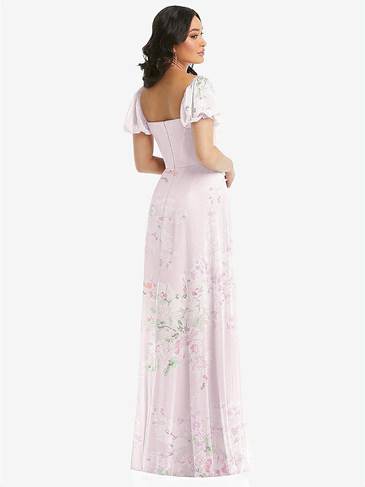 【STYLE: 1567】Puff Sleeve Chiffon Maxi Dress with Front Slit【COLOR: Watercolor Print】