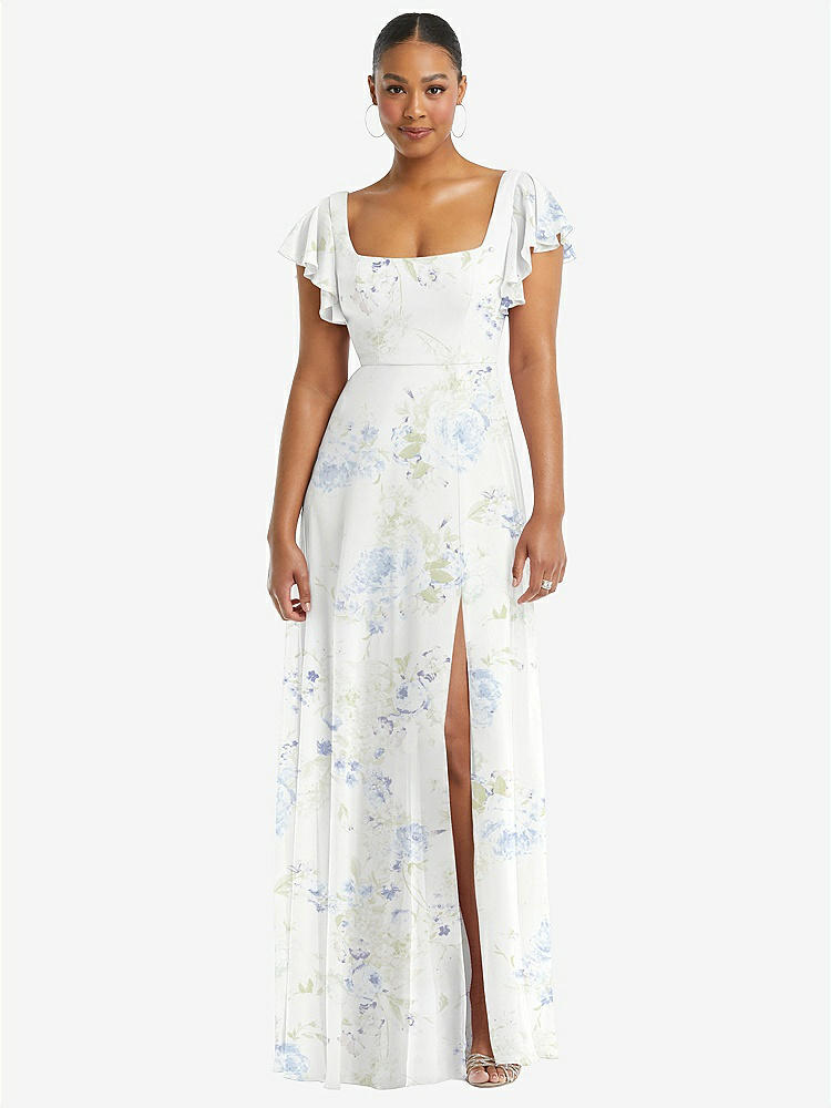 【STYLE: 1568】Flutter Sleeve Scoop Open-Back Chiffon Maxi Dress【COLOR: Bleu Garden】