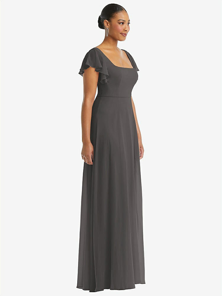 【NEW】【STYLE: 1568】フラッター 袖 スクープ オープンバック シフォン マキシ ドレス【COLOR: Caviar Gray】【SIZE: 00-30W】