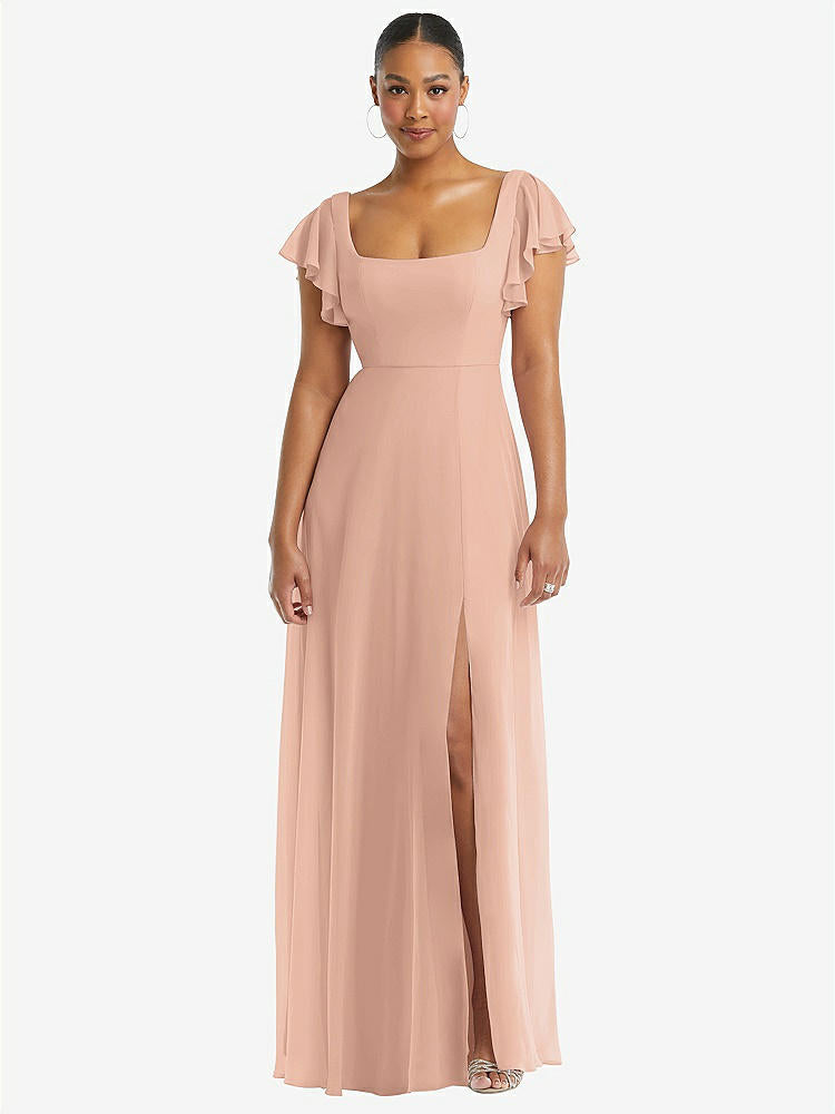【STYLE: 1568】Flutter Sleeve Scoop Open-Back Chiffon Maxi Dress【COLOR: Pale Peach】