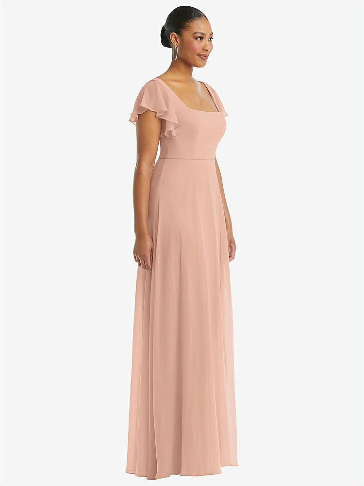 【STYLE: 1568】Flutter Sleeve Scoop Open-Back Chiffon Maxi Dress【COLOR: Pale Peach】