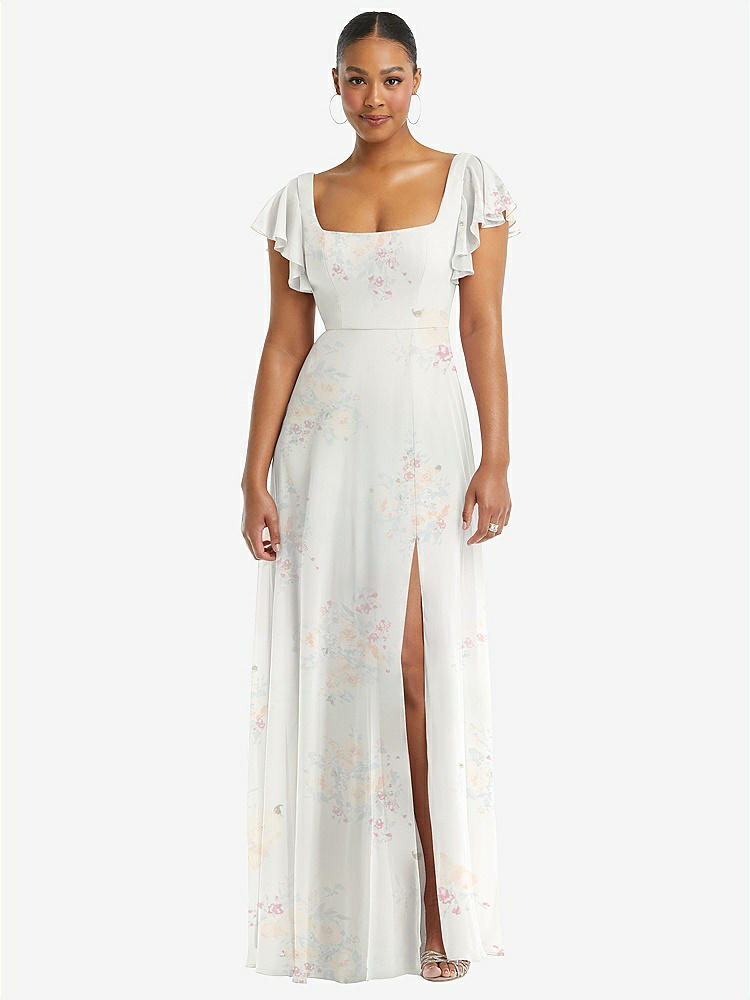 【STYLE: 1568】Flutter Sleeve Scoop Open-Back Chiffon Maxi Dress【COLOR: Spring Fling】