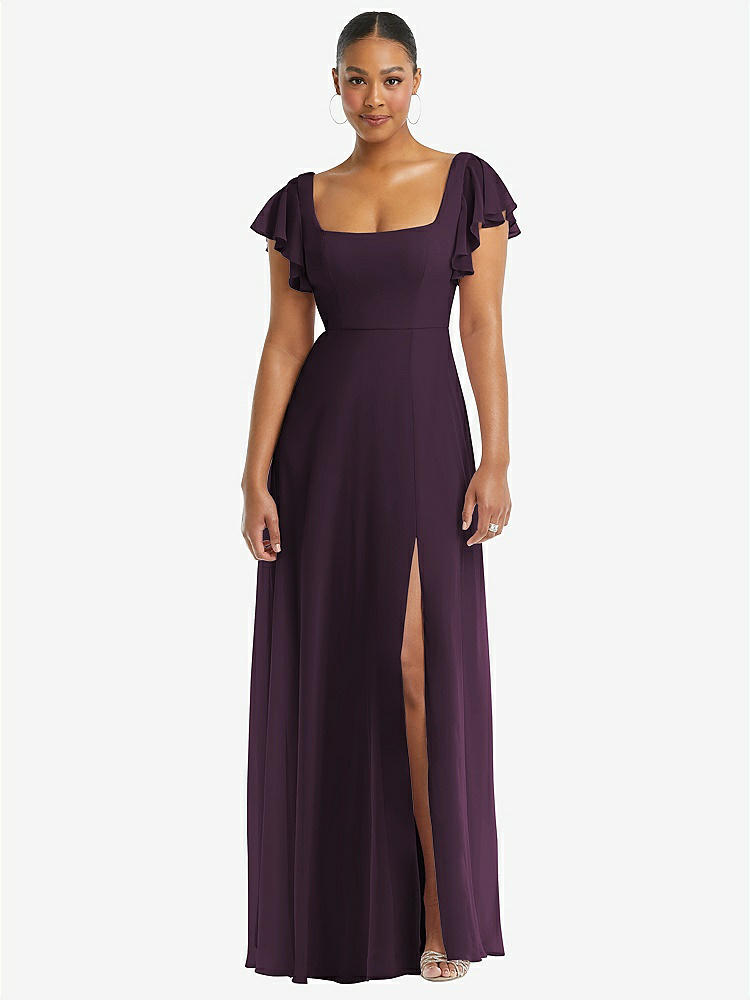 【NEW】【STYLE: 1568】フラッター 袖 スクープ オープンバック シフォン マキシ ドレス【COLOR: Aubergine】【SIZE: 00-30W】