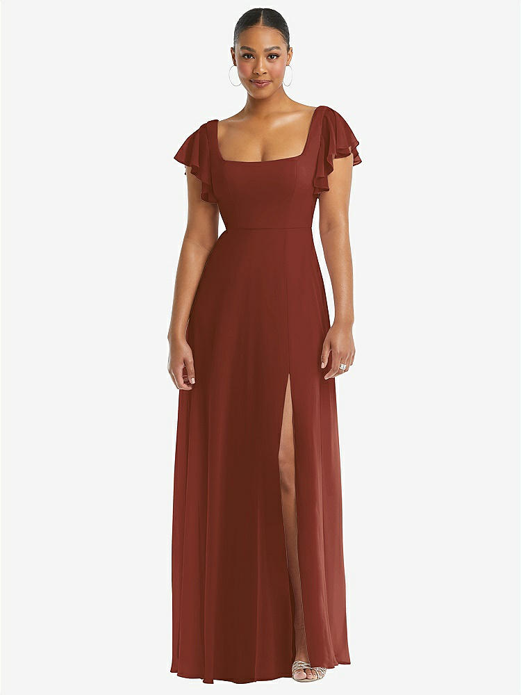 【STYLE: 1568】Flutter Sleeve Scoop Open-Back Chiffon Maxi Dress【COLOR: Auburn Moon】