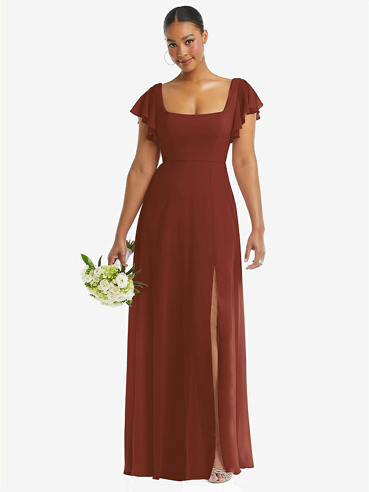 【STYLE: 1568】Flutter Sleeve Scoop Open-Back Chiffon Maxi Dress【COLOR: Auburn Moon】