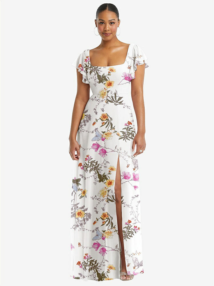 【STYLE: 1568】Flutter Sleeve Scoop Open-Back Chiffon Maxi Dress【COLOR: Butterfly Botanica Ivory】