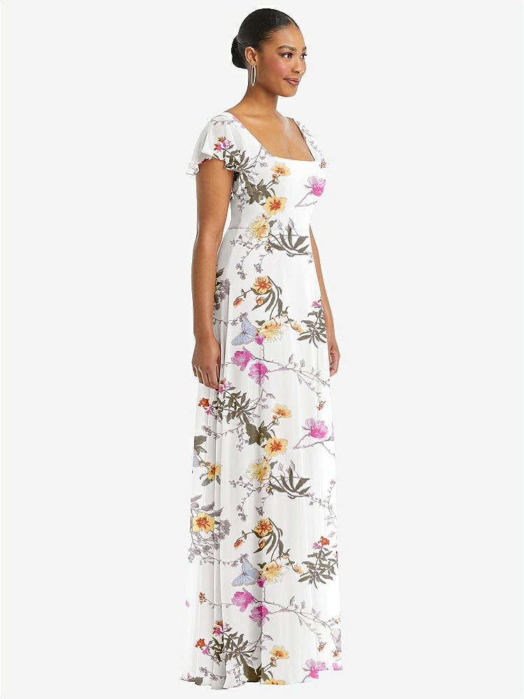 【STYLE: 1568】Flutter Sleeve Scoop Open-Back Chiffon Maxi Dress【COLOR: Butterfly Botanica Ivory】