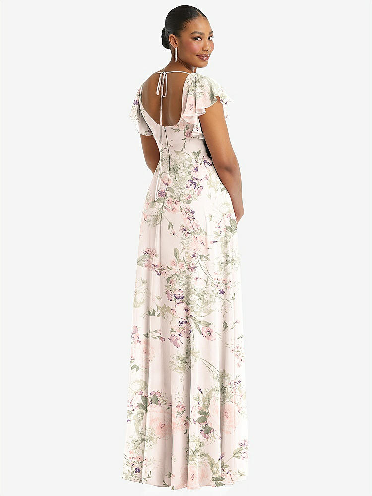 【STYLE: 1568】Flutter Sleeve Scoop Open-Back Chiffon Maxi Dress【COLOR: Blush Garden】