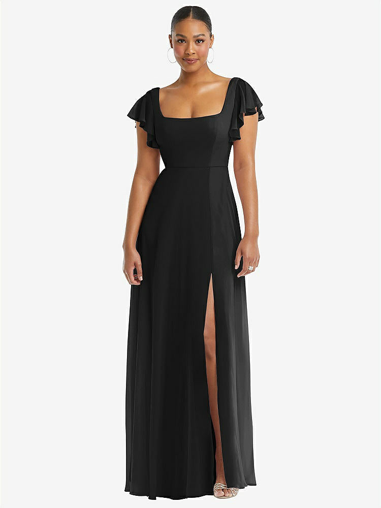【STYLE: 1568】Flutter Sleeve Scoop Open-Back Chiffon Maxi Dress【COLOR: Black】