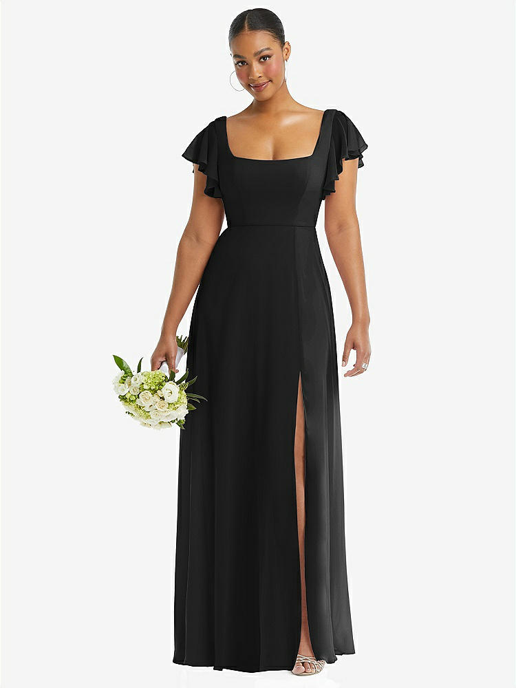 【STYLE: 1568】Flutter Sleeve Scoop Open-Back Chiffon Maxi Dress【COLOR: Black】