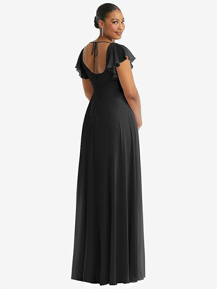 【STYLE: 1568】Flutter Sleeve Scoop Open-Back Chiffon Maxi Dress【COLOR: Black】