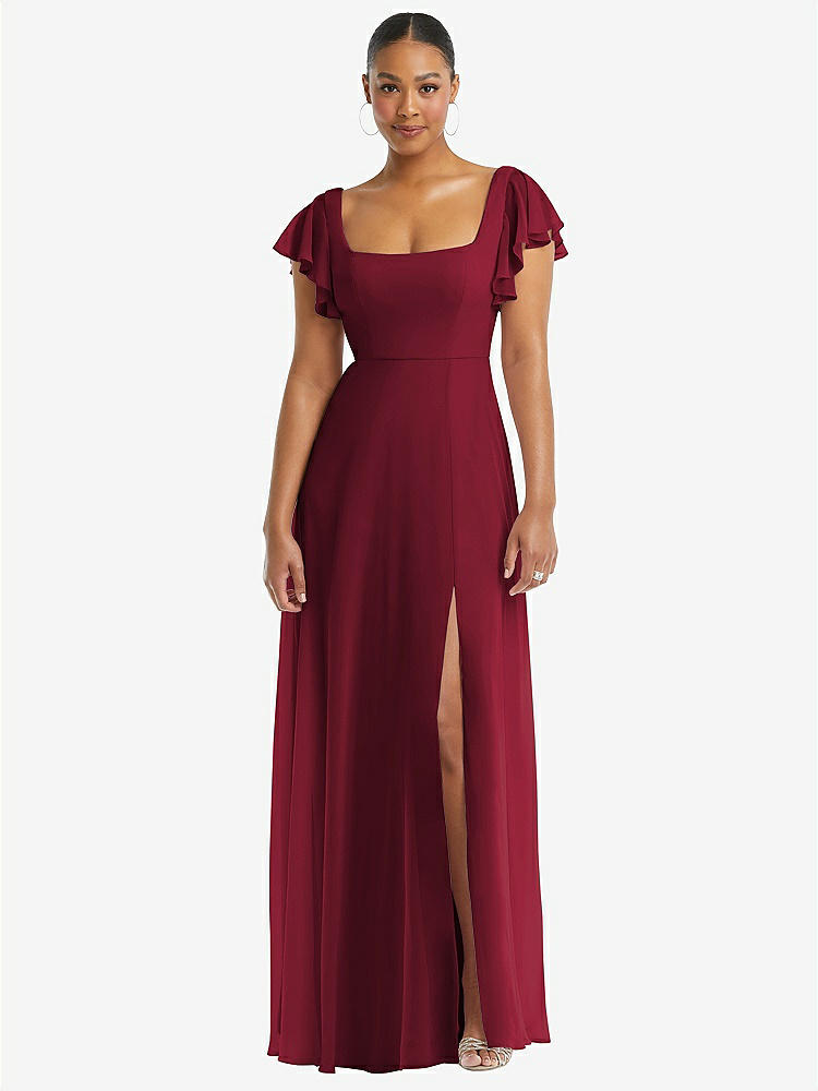 【STYLE: 1568】Flutter Sleeve Scoop Open-Back Chiffon Maxi Dress【COLOR: Burgundy】