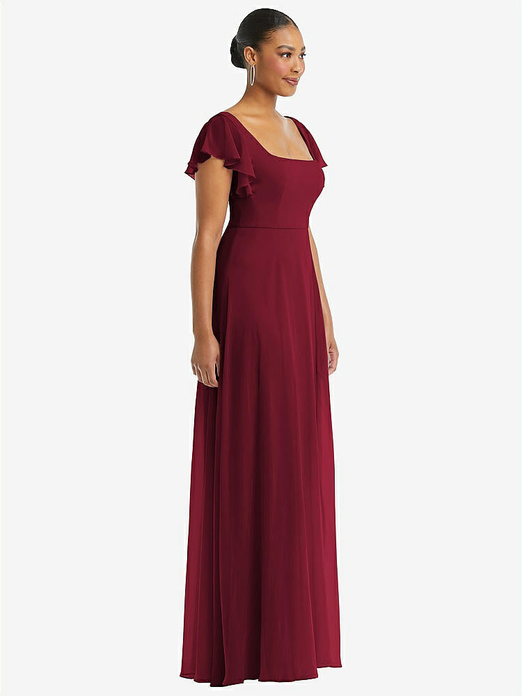 【STYLE: 1568】Flutter Sleeve Scoop Open-Back Chiffon Maxi Dress【COLOR: Burgundy】