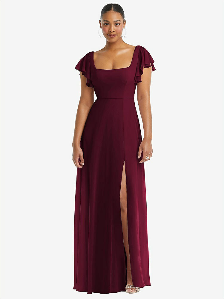 【STYLE: 1568】Flutter Sleeve Scoop Open-Back Chiffon Maxi Dress【COLOR: Cabernet】