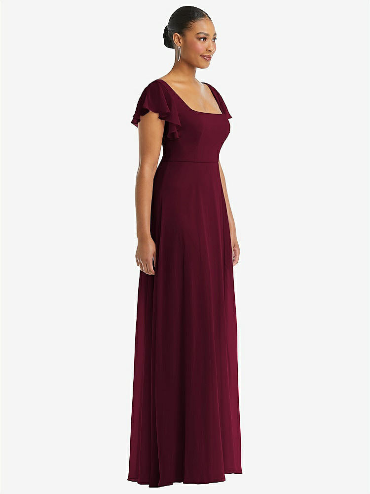 【STYLE: 1568】Flutter Sleeve Scoop Open-Back Chiffon Maxi Dress【COLOR: Cabernet】
