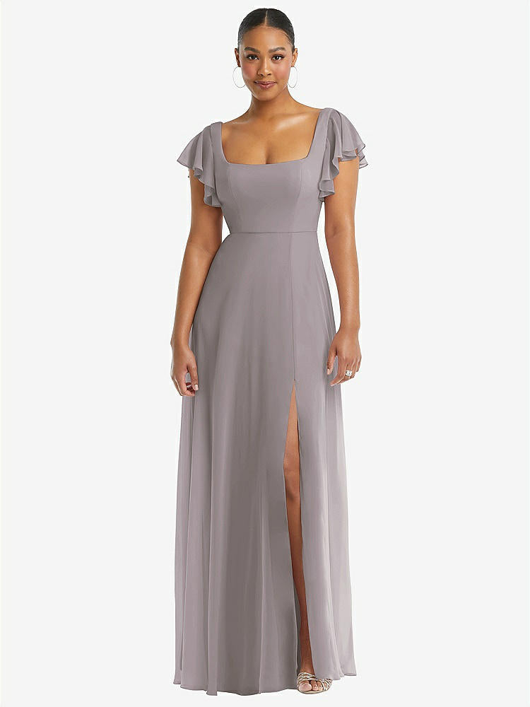【STYLE: 1568】Flutter Sleeve Scoop Open-Back Chiffon Maxi Dress【COLOR: Cashmere Gray】