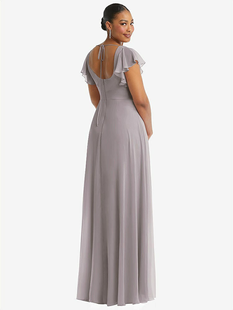 【STYLE: 1568】Flutter Sleeve Scoop Open-Back Chiffon Maxi Dress【COLOR: Cashmere Gray】