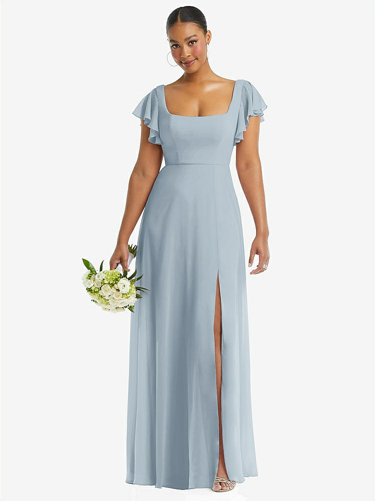 【STYLE: 1568】Flutter Sleeve Scoop Open-Back Chiffon Maxi Dress【COLOR: Mist】