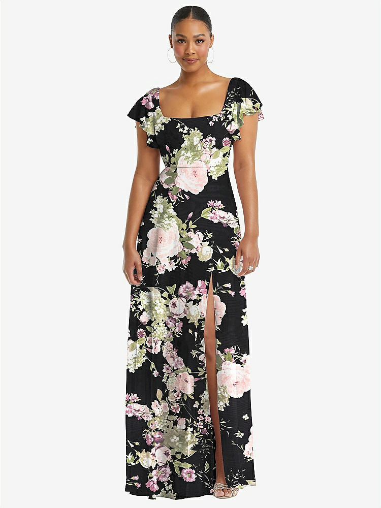 【STYLE: 1568】Flutter Sleeve Scoop Open-Back Chiffon Maxi Dress【COLOR: Noir Garden】