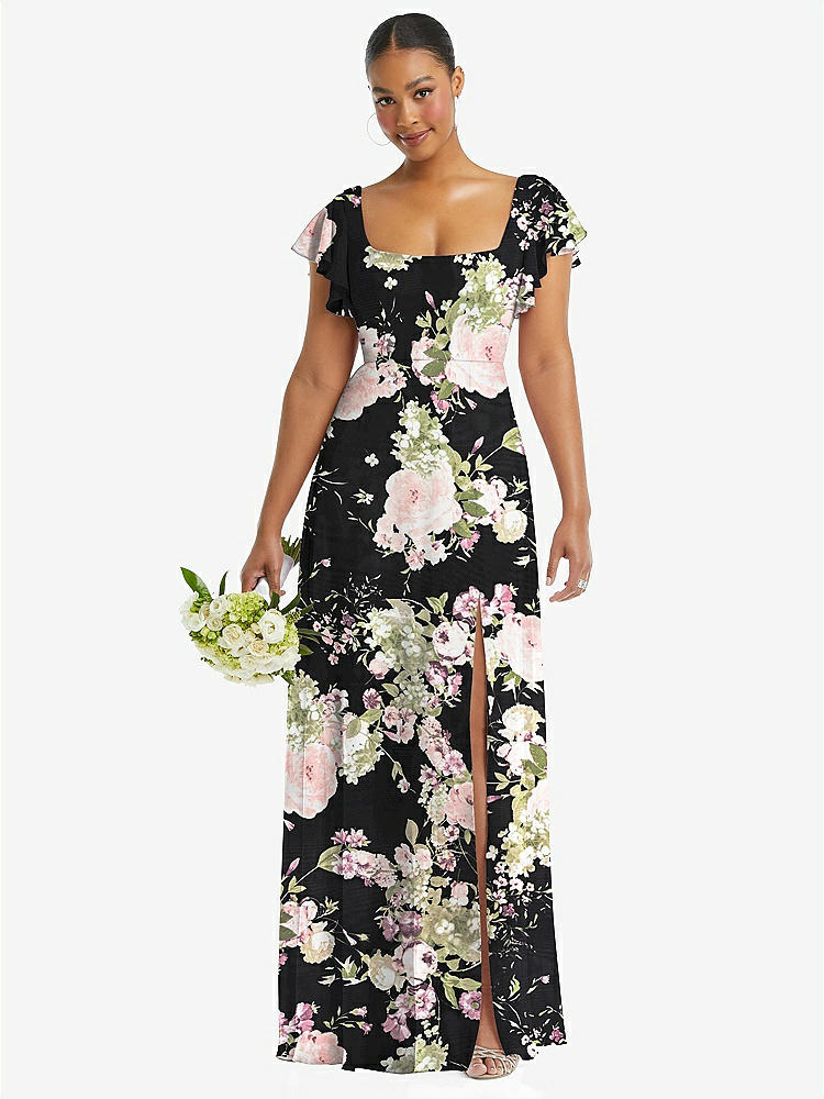 【STYLE: 1568】Flutter Sleeve Scoop Open-Back Chiffon Maxi Dress【COLOR: Noir Garden】