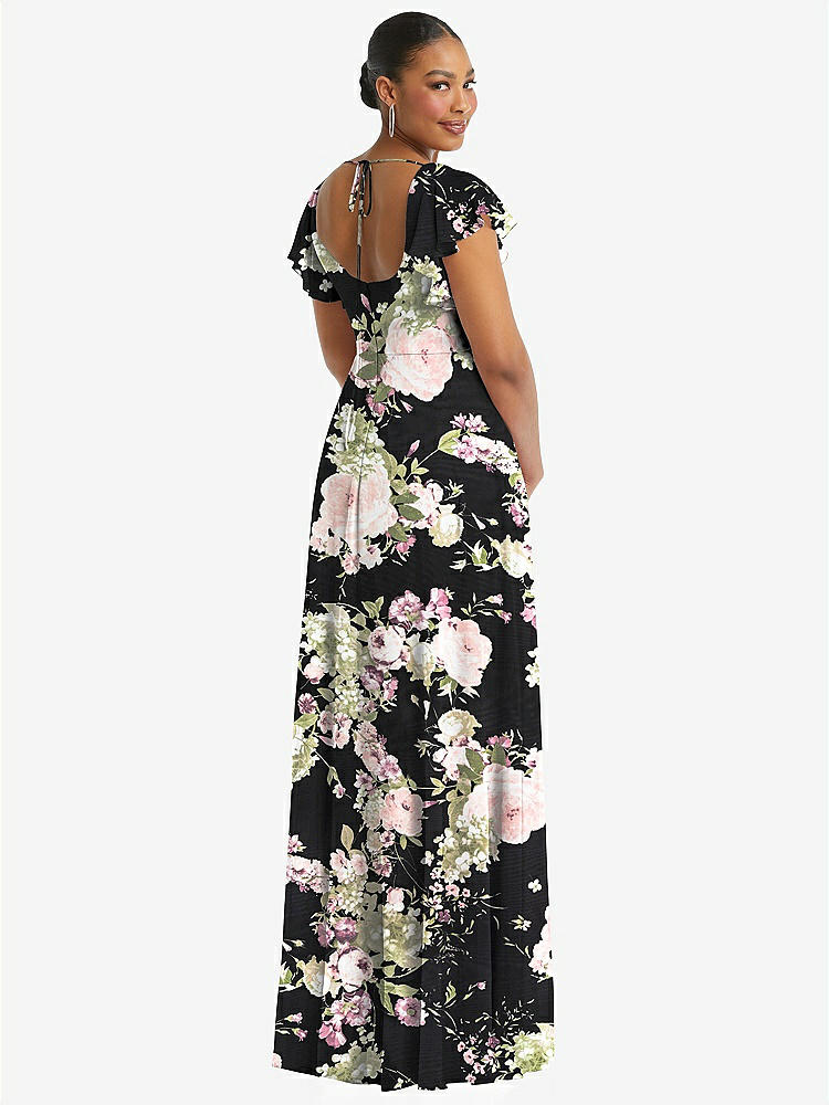 【STYLE: 1568】Flutter Sleeve Scoop Open-Back Chiffon Maxi Dress【COLOR: Noir Garden】