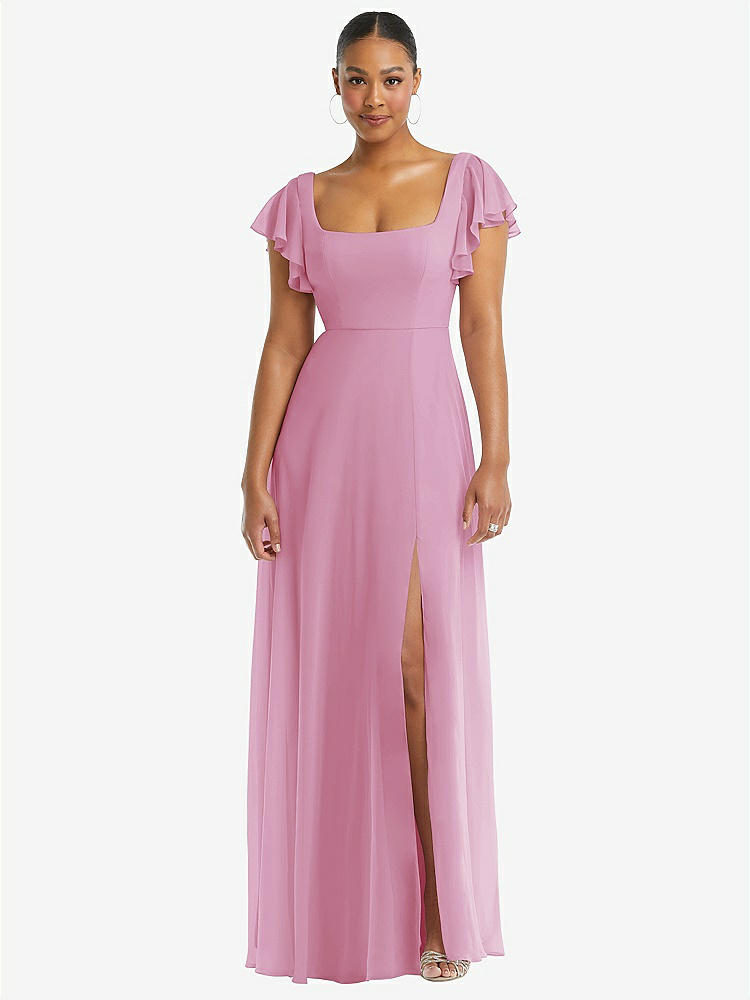 【STYLE: 1568】Flutter Sleeve Scoop Open-Back Chiffon Maxi Dress【COLOR: Powder Pink】