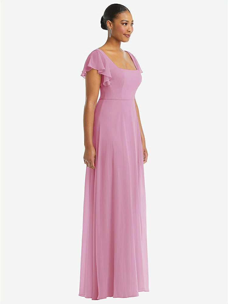 【STYLE: 1568】Flutter Sleeve Scoop Open-Back Chiffon Maxi Dress【COLOR: Powder Pink】
