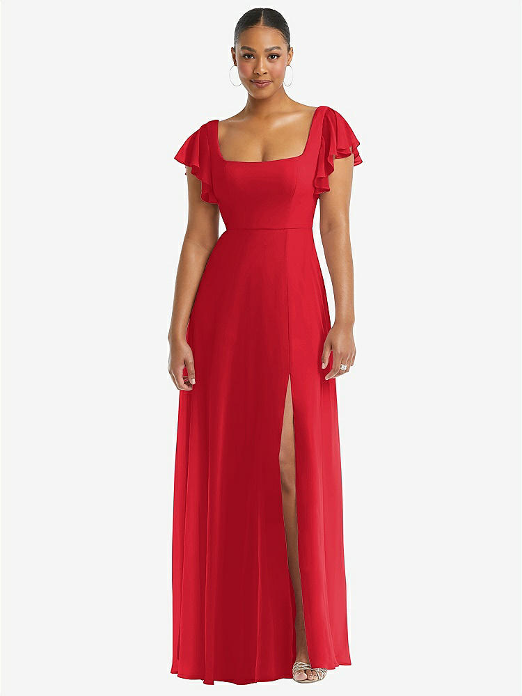 【STYLE: 1568】Flutter Sleeve Scoop Open-Back Chiffon Maxi Dress【COLOR: Parisian Red】