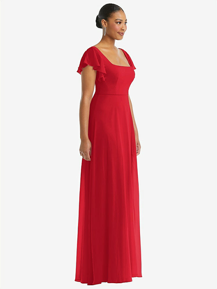 【STYLE: 1568】Flutter Sleeve Scoop Open-Back Chiffon Maxi Dress【COLOR: Parisian Red】