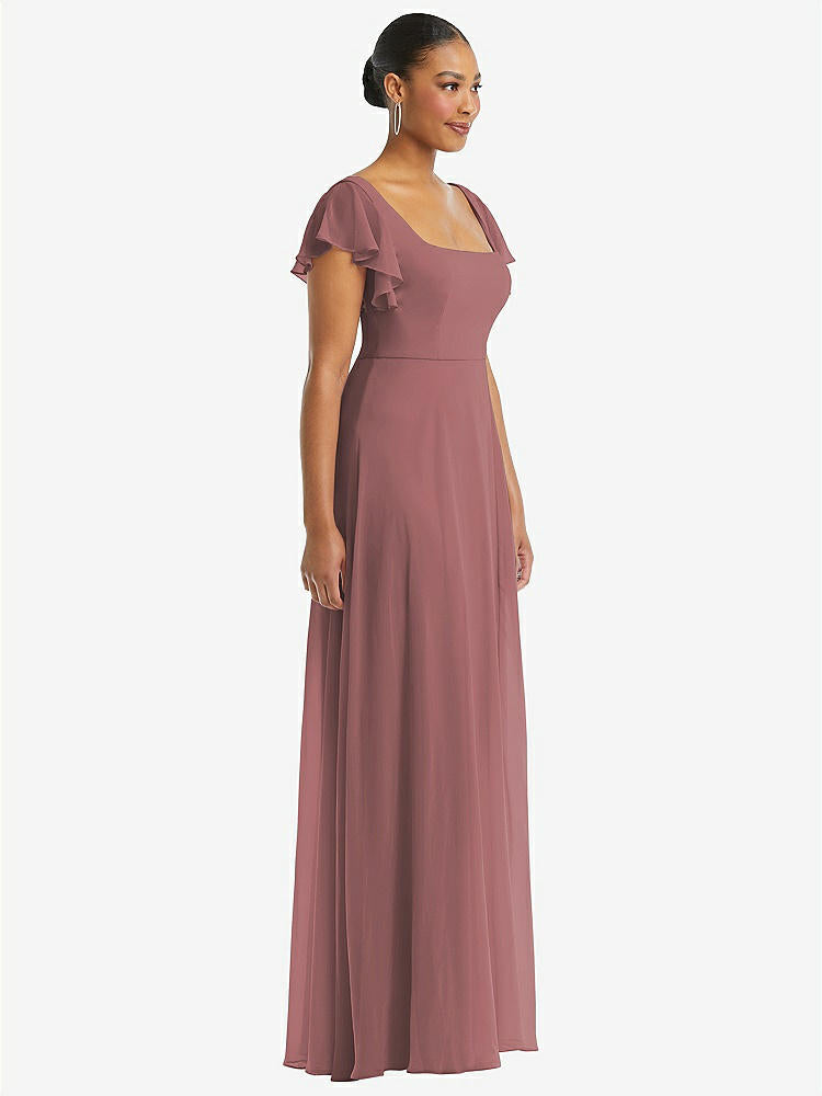 【STYLE: 1568】Flutter Sleeve Scoop Open-Back Chiffon Maxi Dress【COLOR: Rosewood】