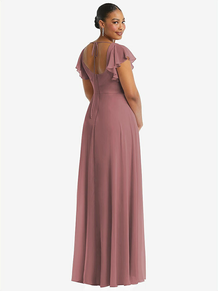 【STYLE: 1568】Flutter Sleeve Scoop Open-Back Chiffon Maxi Dress【COLOR: Rosewood】