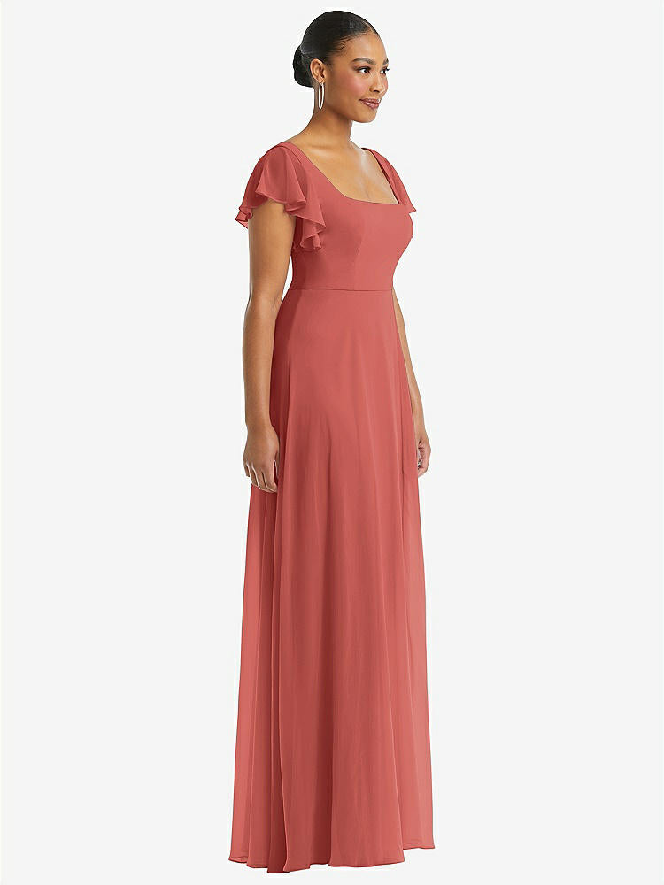 【NEW】【STYLE: 1568】フラッター 袖 スクープ オープンバック シフォン マキシ ドレス【COLOR: Coral Pink】【SIZE: 00-30W】