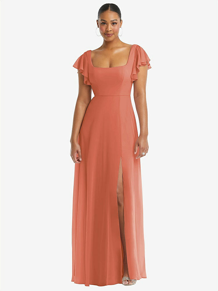 【STYLE: 1568】Flutter Sleeve Scoop Open-Back Chiffon Maxi Dress【COLOR: Terracotta Copper】