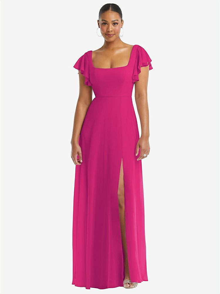 【NEW】【STYLE: 1568】フラッター 袖 スクープ オープンバック シフォン マキシ ドレス【COLOR: Think Pink】【SIZE: 00-30W】