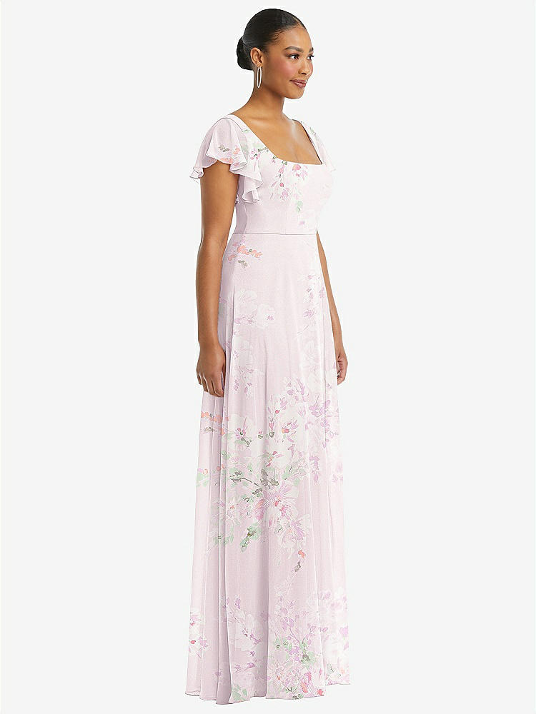 【STYLE: 1568】Flutter Sleeve Scoop Open-Back Chiffon Maxi Dress【COLOR: Watercolor Print】